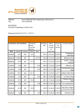 Download Burkina Faso Banque Atlantique bank statement excel Photoshop template